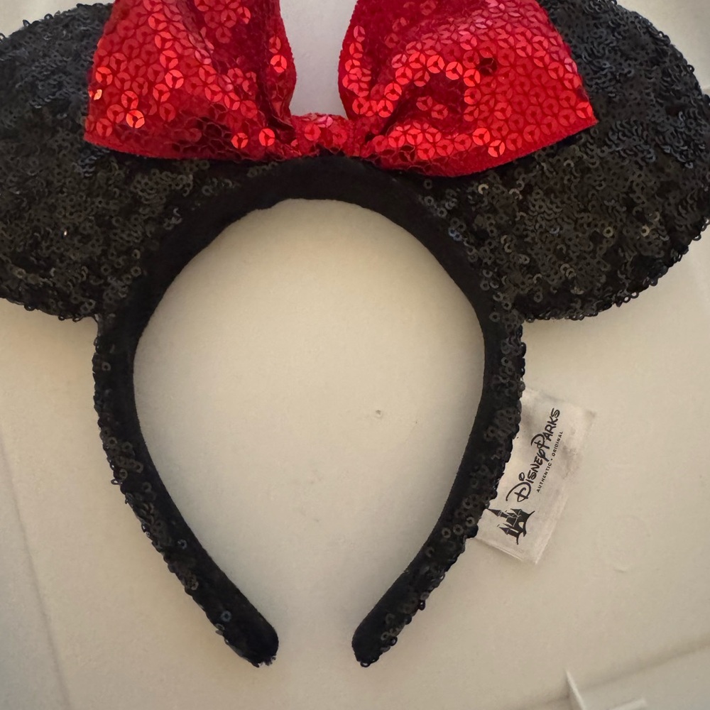 Disney Black Sequin Minnie Mouse Ears Headband with Red Bow